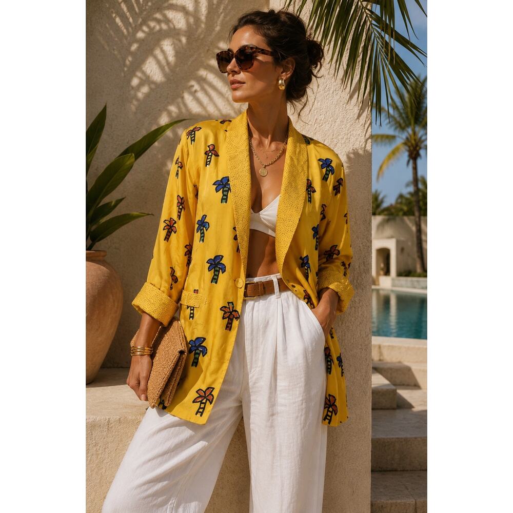 Vintage Cache Silk Palm Tree Blazer Yellow Tropical Resort Jacket Oversized 4